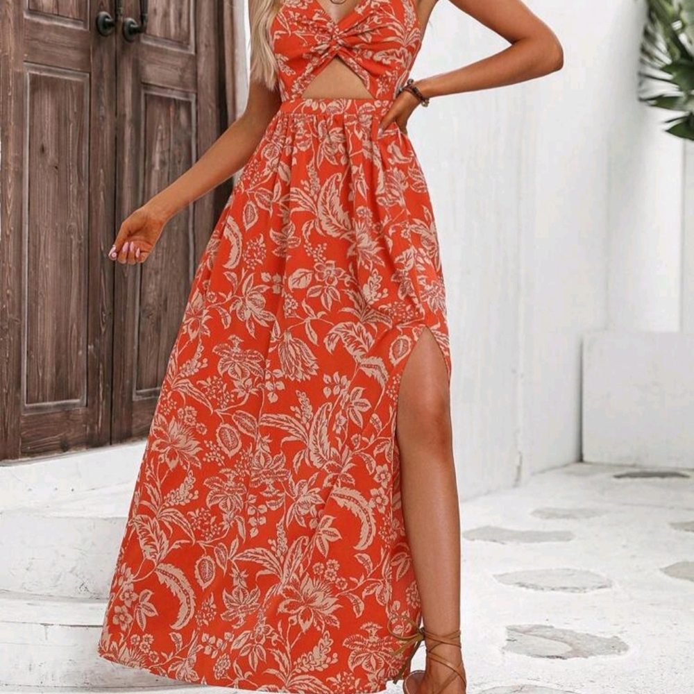 Floral Orange Maxi Dress Size Large